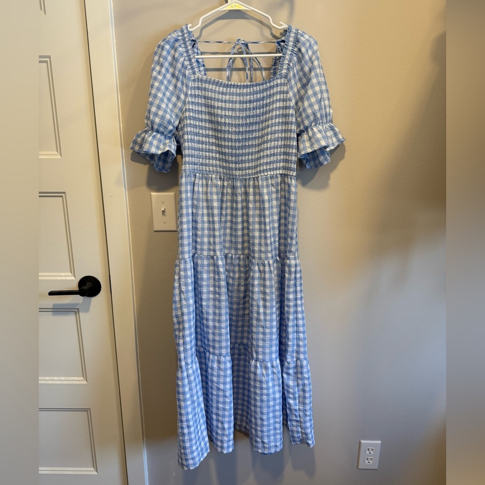 Blue Gingham Midi Dress with Ruffle Sleeves